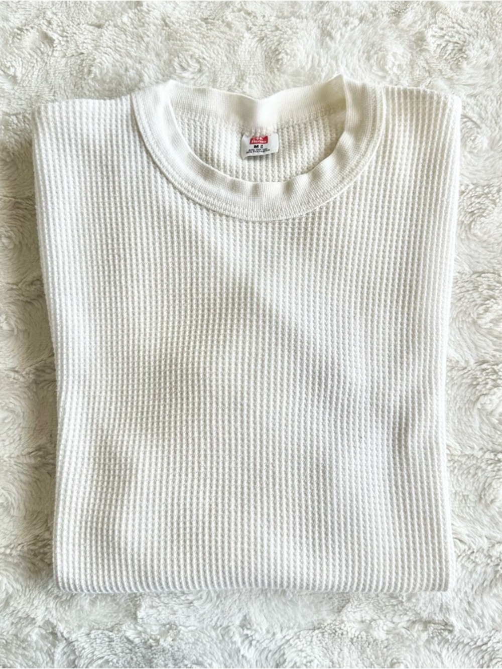 Vintage Hanes Thermal Shirt Tee Mens XS (Tag M) White Waffle Knit 70s Outdoor LS